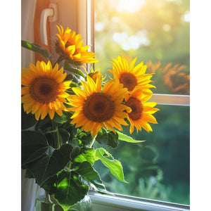 Zonnebloemen bij het raam
