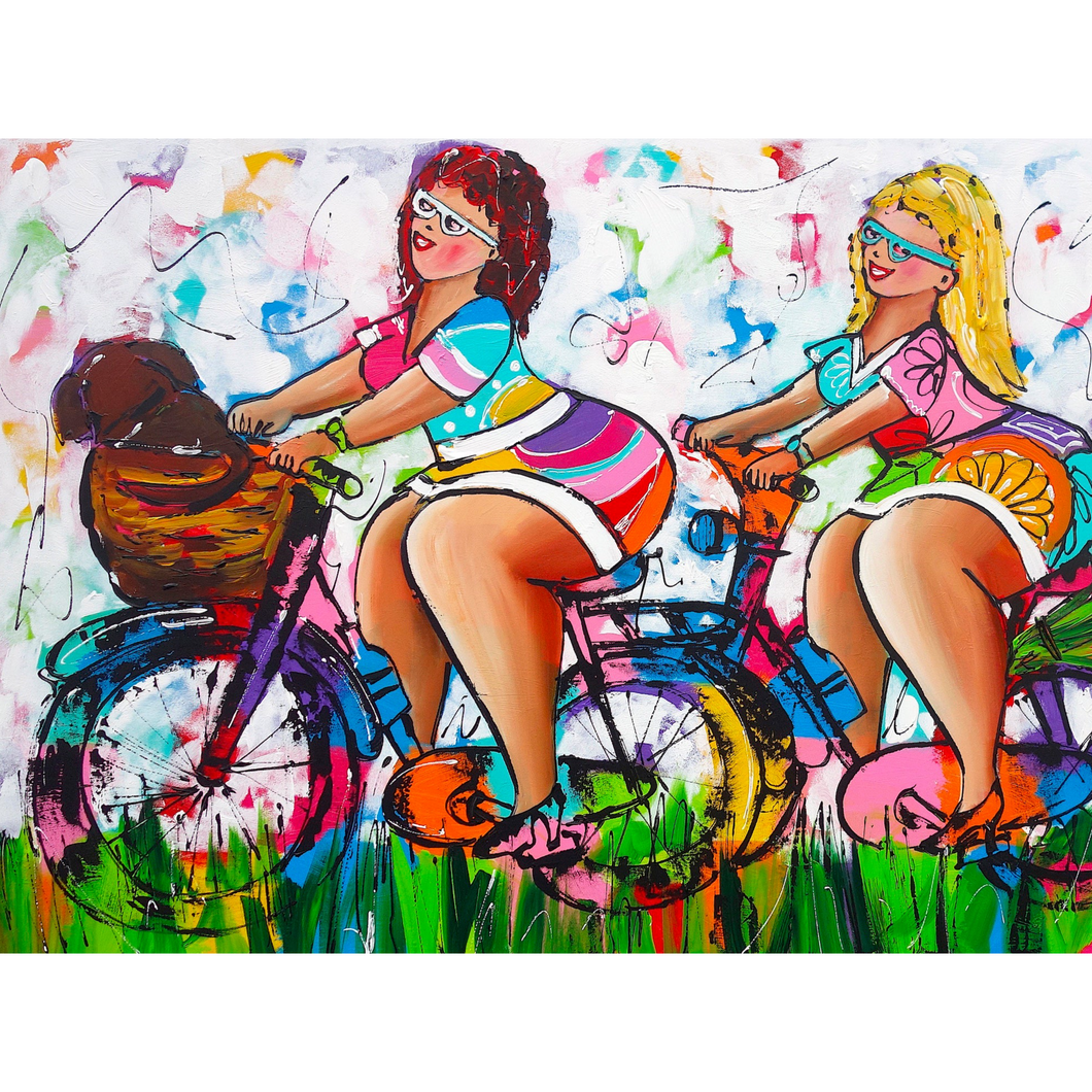 Vrolijk Schilderij - Dikke Dames Fietsen